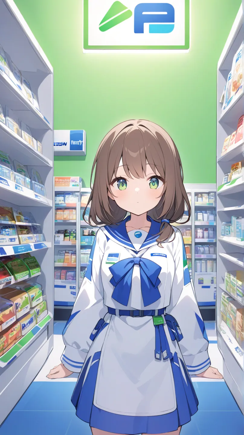 one girl、is facing the front、Combine FamilyMart uniforms with Lawson uniforms、Standing still、green back、hair brown、Light green eyes、Semi-long hairstyle、Half Up、 in the room、