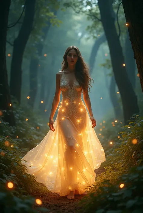 A woman in a shining dress walking through a magical forest at night, with fireflies and golden lights floating around her. Her expression is one of peace and happiness, reflecting her inner glow.