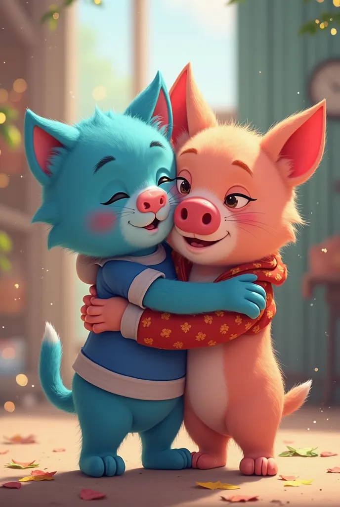 Gumball and John Pork hugging 