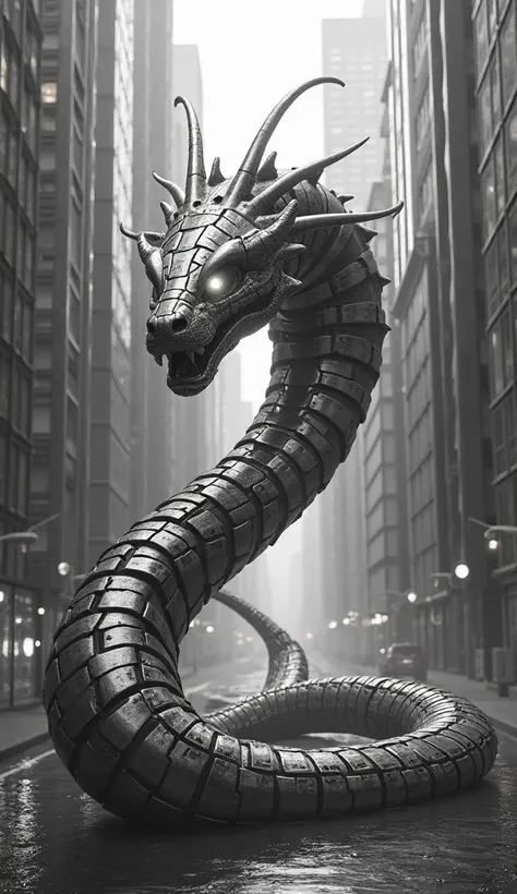 A massive, cybernetic serpent with intricate metal plating and glowing white eyes, coiling through a futuristic city, all in black-and-white