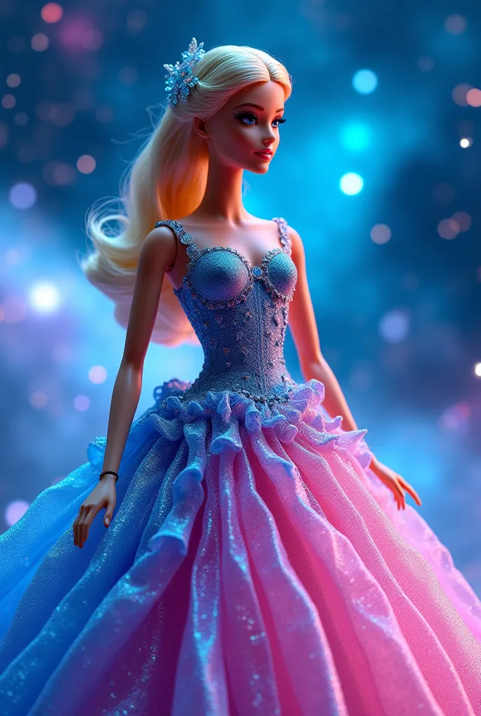 Photo of Barbie doll dressed in a blue and pink galactic dress 