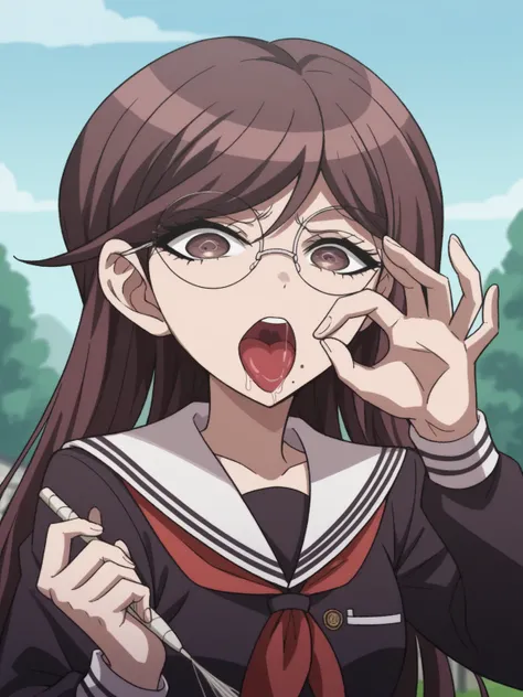  score_9,  score_8_up,  score_7_up,  source_anime, touko fukawa, long hair, bangs, brown hair, knitting glasses, glass, mole, twin knitting glassess, mole under mouth, round eyewear, brown eyes,, skirt,  shirt,  Long Sleeve,  school uniform, sailor suit, s...