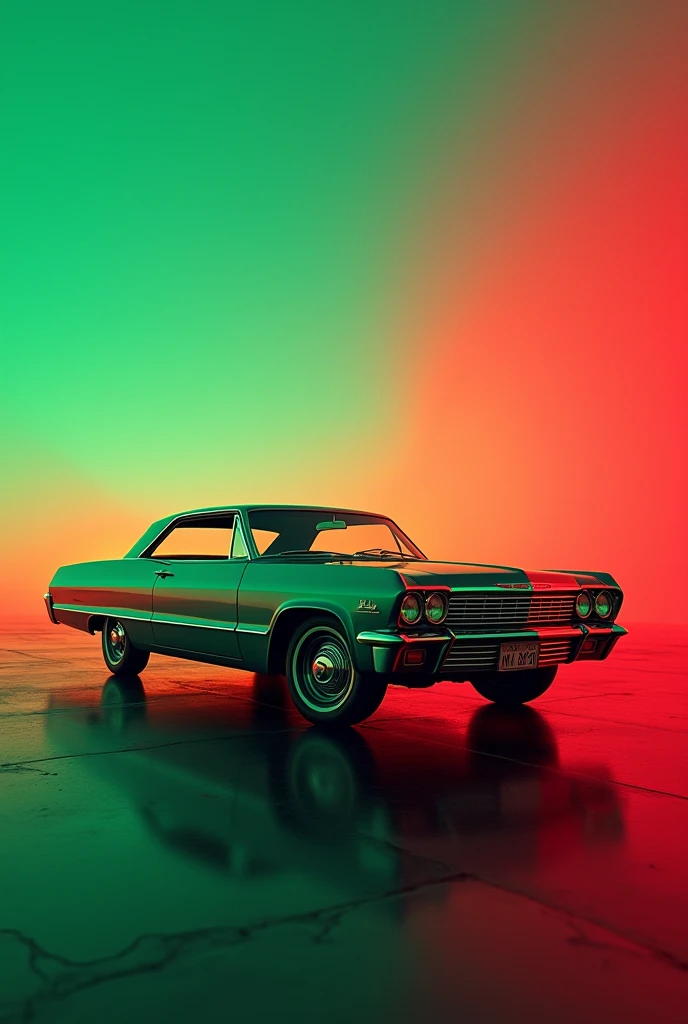  emerald green and red gradient background 、WEIL ETHER ELBERT COYOTE ROADRUNNER
masterpieces, has won numerous awards, American style promotional poster, HD model, old chevy impala 64 smilemark hippie