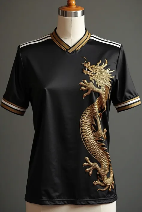 Create a team blouse and it has very discreet golden dragon details all over the blouse and on the collar of the jersey there are two thin white stripes and the blouse is black and put it on a mannequin