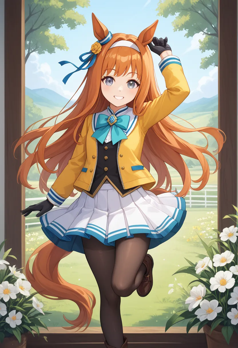 an orange haired figurine with grey eyes on a flower covered board, 1girl, solo, silence suzuka (umamusume), horse tail, horse ears, animal ears, horse girl, tail, long hair, gloves, pantyhose, skirt, bangs, brown footwear, arm up, smile, white skirt, plea...