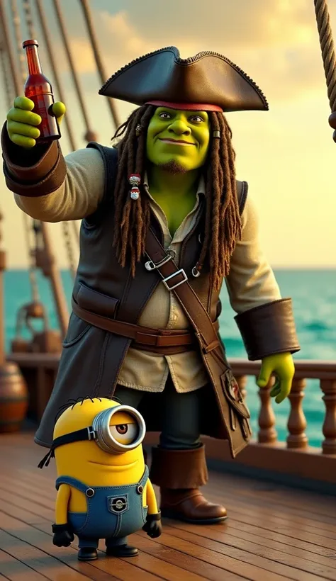 Character Names: Shrek as Captain Jack Sparrow & Minion as Will Turner
Franchise: Pirates of the Caribbean
Height: Shrek – 7 feet (towering and burly), Minion – 3 feet (small but full of energy)
Gender: Male (both)
Clothing: Shrek is dressed in Captain Jac...