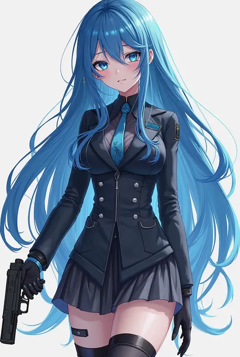  Semirealistic girl with blue hair and cyan blue highlights, long hair,with a dark blue eye and a light blue eye wearing a set outfit with a long high sleeve and an elegant sicaria body with black heels and guns