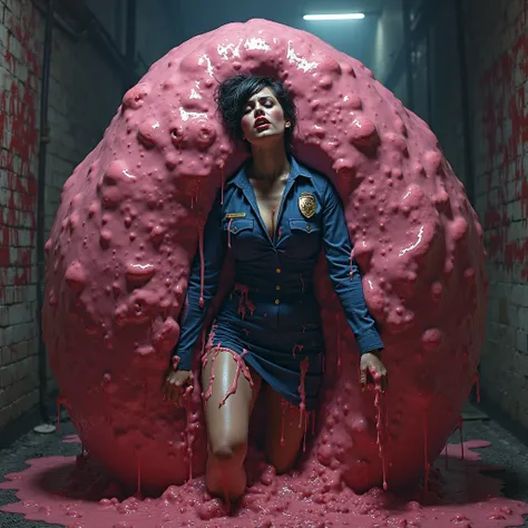 Realistic, bloody horror death scene. Massive, bulbous blob of congealed pink slime fills a grimy back alley at night. Slimy blob devours a 30 year old attractive white police woman, dressed in a shredded and tattered blue American police uniform. Shapely ...