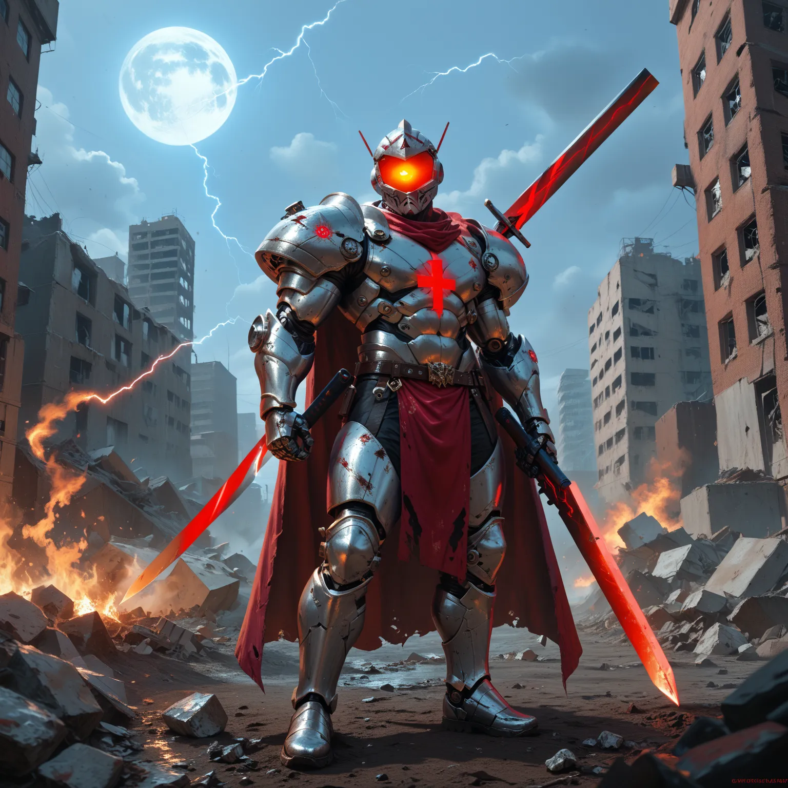 Cybernetic Knight, Male, Iridescent White Glowing Eyes with lightning coming out of the eyes,Heavily Muscled Cybernetic Metal Flesh, Deaths Head Helmet, Wearing shiny reflective Steel Heavy Armor with a Glowing Golden Cross On the Chest, Wearing a Crimson ...