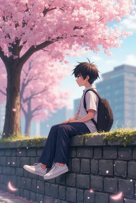 "A young boy with black hair and a school uniform sits on the edge of an old stone wall, lost in thought. He carries a black backpack slung over one shoulder, and his white sneakers contrast with his dark pants. The scene is set in spring, with cherry blos...