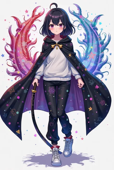 Je veux (chara dremurr) avec cheveux noirs court  un pantalon noir Cosmic un pull blanche un cape noire Cosmic des chaussures blanches et tenant un katana de sa main et female anime version 