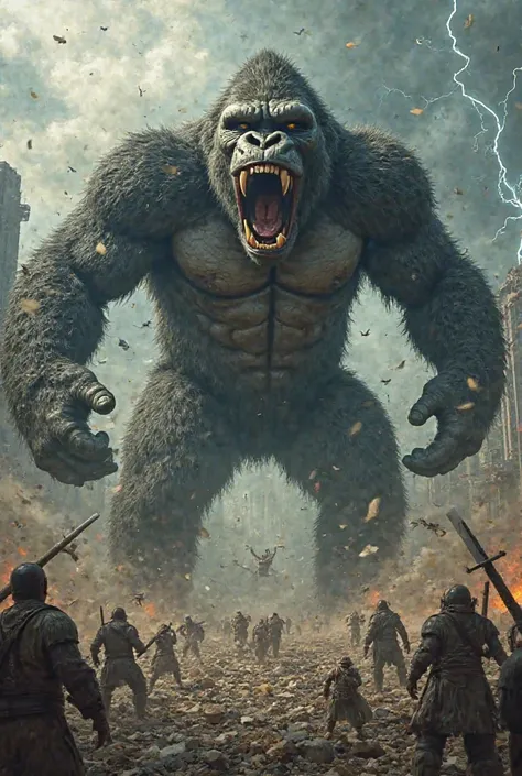 "A colossal and terrifying King Kong roars ferociously, his massive muscles tensed as he fights to break free. Swarms of tiny warriors cling to his fur, using ropes, hooks, and weapons to try and subdue the beast. His enormous hands swing wildly, smashing ...