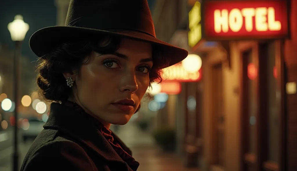 Cinematic night image, super vivid, hyperrealistic in 3D. The Researcher's face (35 years, dark hair,  intense look, dressed in a costume from the 1930s and a classic fedora) It is illuminated by the light of old lanterns on a street in front of the Cecil ...