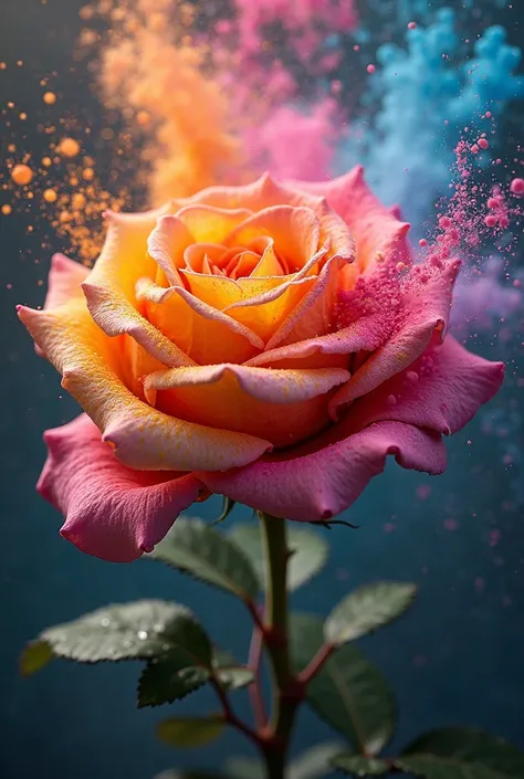 The appearance of colorful and colorful rose. The background shows rainbow-colored powder spreading like an explosion. Water droplets moistening the rose flower. It is so ridiculous that it is hard to distinguish the front, close-up photography, Ultra-deta...