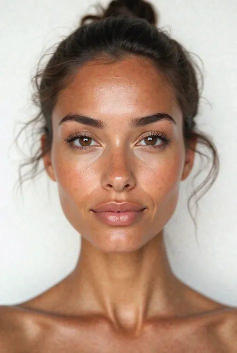 Make a face of a 32-year-old Brazilian woman, From the front without the hair on the face and slightly plump all natural on a white background 



