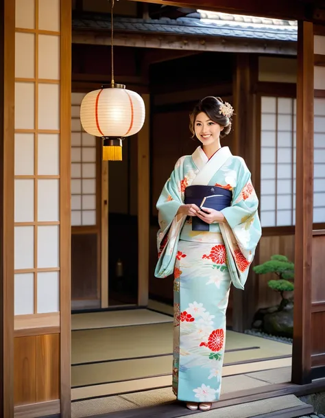 A charming and elegant young woman dressed in a Taisho-era kimono, standing at the entrance of a nostalgic Japanese onsen ryokan. She wears a beautifully patterned kimono with a classic obi, and her hair is styled in a traditional updo adorned with delicat...