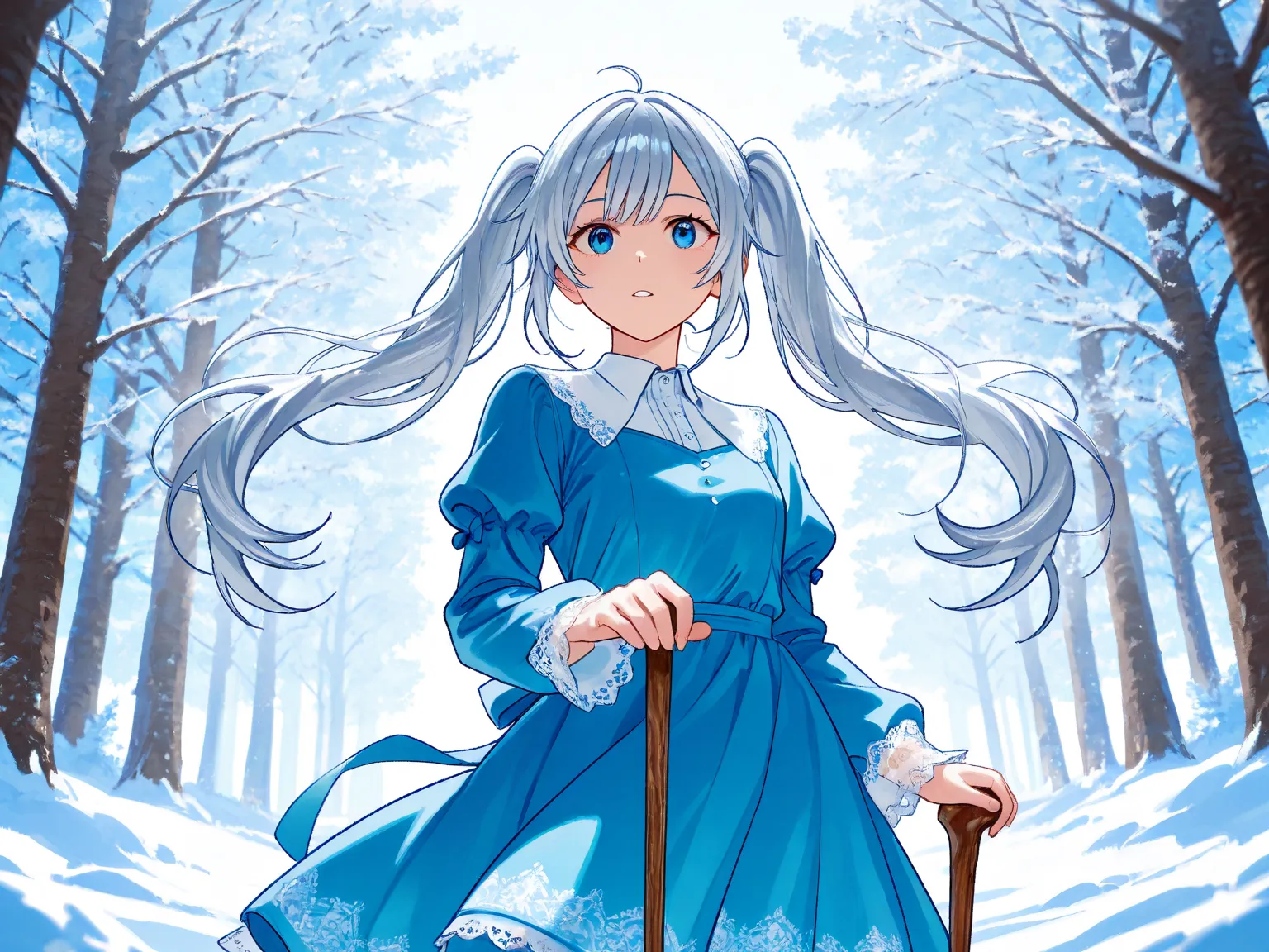 A beautiful girl with silver hair and twin tails is holding a cane and trying to use ice magic