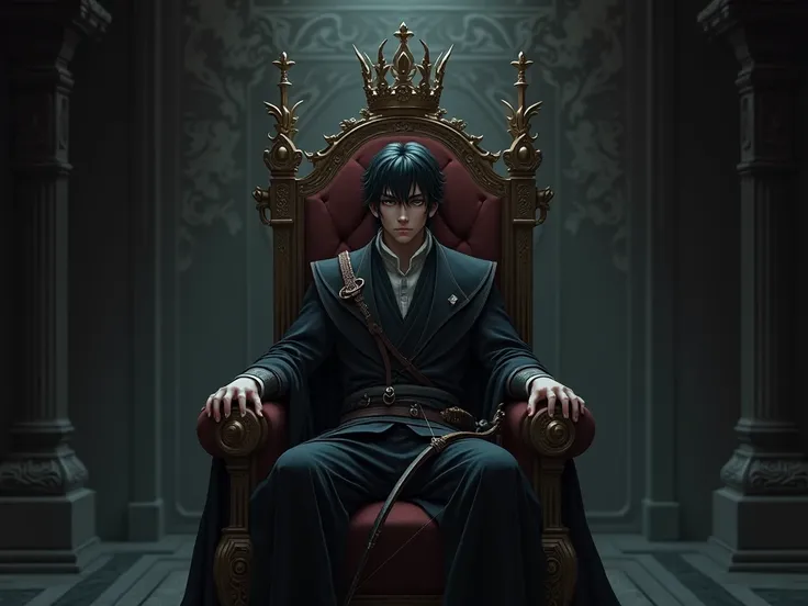 an archer 25 years old, sitting on the throne, with a crown, gloomy, anime