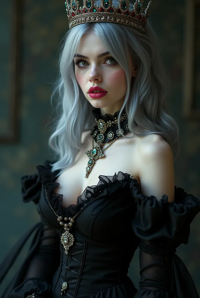 girl,  gray hair,  long hair, sharp teeth, Ojos rojos,  long eyelashes , pale skin,  pink lips ,  big breast, vestido negro victoriano, corona, joyas.