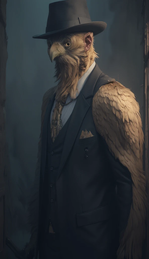 A tall, human-like Golden Eagle, dressed in an elegant dark suit with a stylish patterned tie, exuding a powerful and authoritative aura. The golden feathers shimmer subtly under the moody, cinematic lighting. The character wears a fedora hat tilted slight...