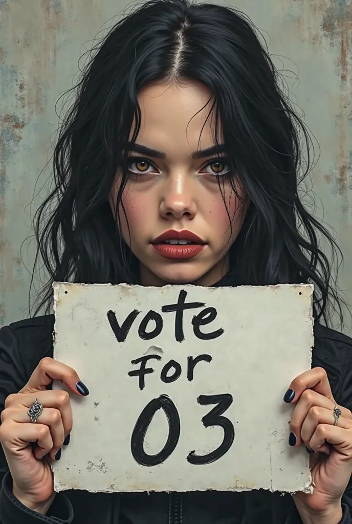 Billie eilish the singer, with a sign that says “vote for 03