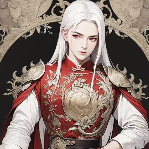 nsfw, masterpiece, best quality, ultra-detailed, semi-realistic, Detailed facial features, 1 boy,  white hair ,  long hair,  red eyes, wearing detailed and intricate ancient Xianxia clothes