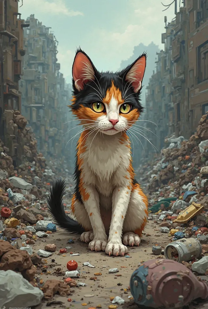 VERY ABUSED CAT MOTHER CALICO LOOKING FOR FOOD IN THE GARBAGE DUMPS ANIMATED