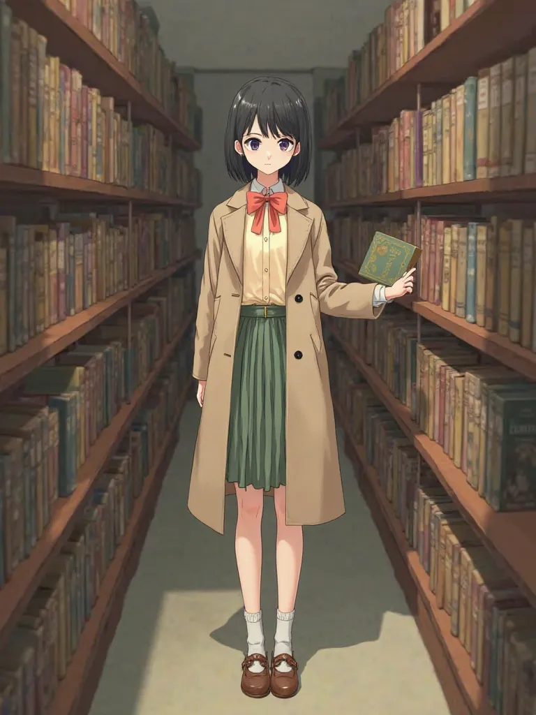 Female junior high school student with Showa retro atmosphere　He has short black hair, bob, is wearing a pastel-colored blouse with a bow at the collar, a long coat made of wool material with a pleated skirt, white socks, leather shoes with straps, and is ...