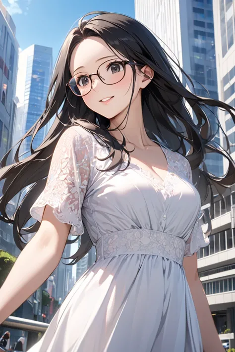 best quality, soft , super detail,  beautiful , 8k, 1 girl , long hair, black hair, outdoor, bright,  clear sky,  mature women, long hair, forehead, Black Eyes, glasses, dress pink, in Tokyo city building, happy