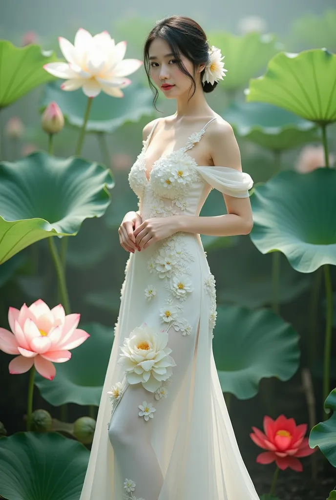 a woman in an elegant, flowing white gown adorned with floral designs. She is standing in a serene environment surrounded by large lotus flowers in various colors, including white and red, along with broad green leaves. The setting resembles a tranquil gar...