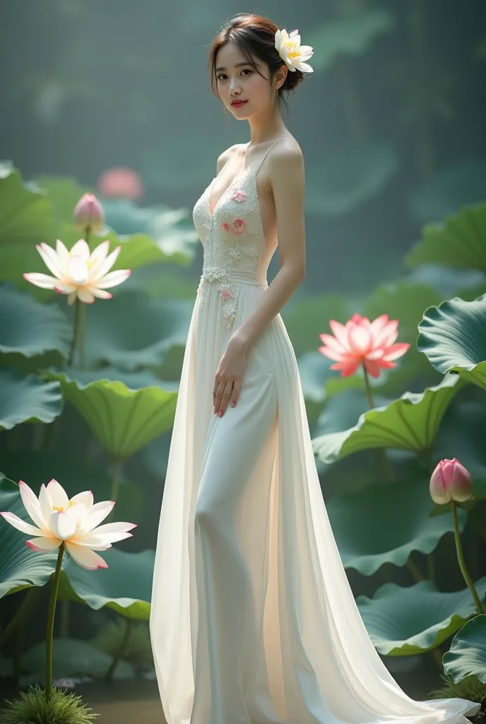 a woman in an elegant, flowing white gown adorned with floral designs. She is standing in a serene environment surrounded by large lotus flowers in various colors, including white and red, along with broad green leaves. The setting resembles a tranquil gar...