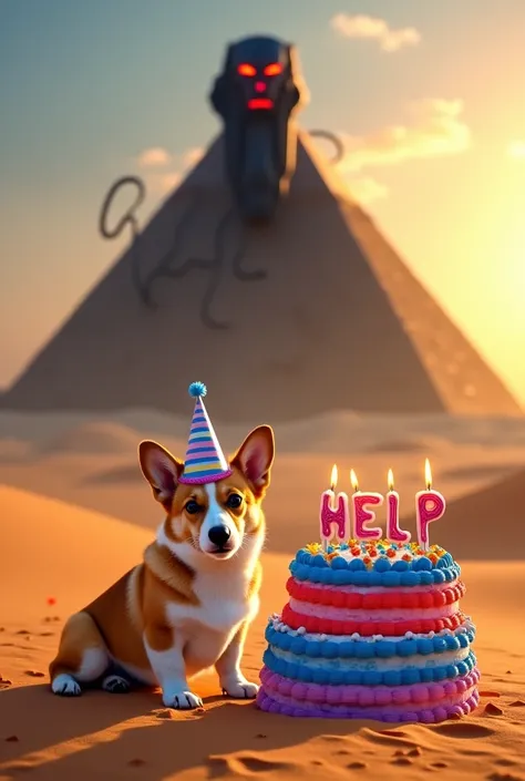 "A corgi dog wearing a colorful striped birthday hat sits in the middle of a vast desert, next to a large, vibrant birthday cake with the word 'HELP' written in bold letters on the candles. The cake is huge and decorated with blue, pink, red, purple stripe...