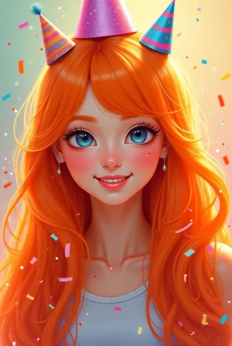 Create an image of a girl in her 30s with long orange hair and with birthday-themed bangs
