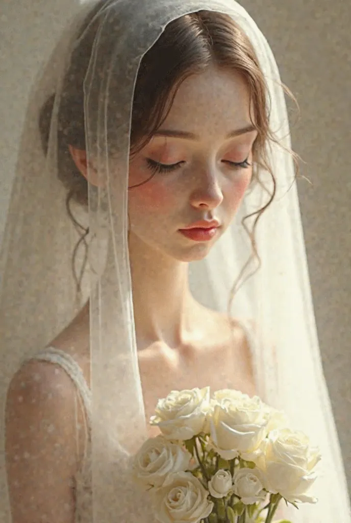 The image portrays a  stylized face doll bride in a delicate and introspective moment. His face is softly covered by a translucent veil that creates an ether and romantic atmosphere. She holds a bouquet of small white roses, which look fresh and natural, c...