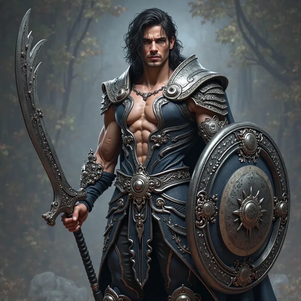 Make a 3d full body hyper photorealistic character of the hero. incredibly handsome and extremely muscular body builder with narrow waist and big muscular legs and big well rounded buttocks. Wearing small crown band. Medium length black loose curly haired ...