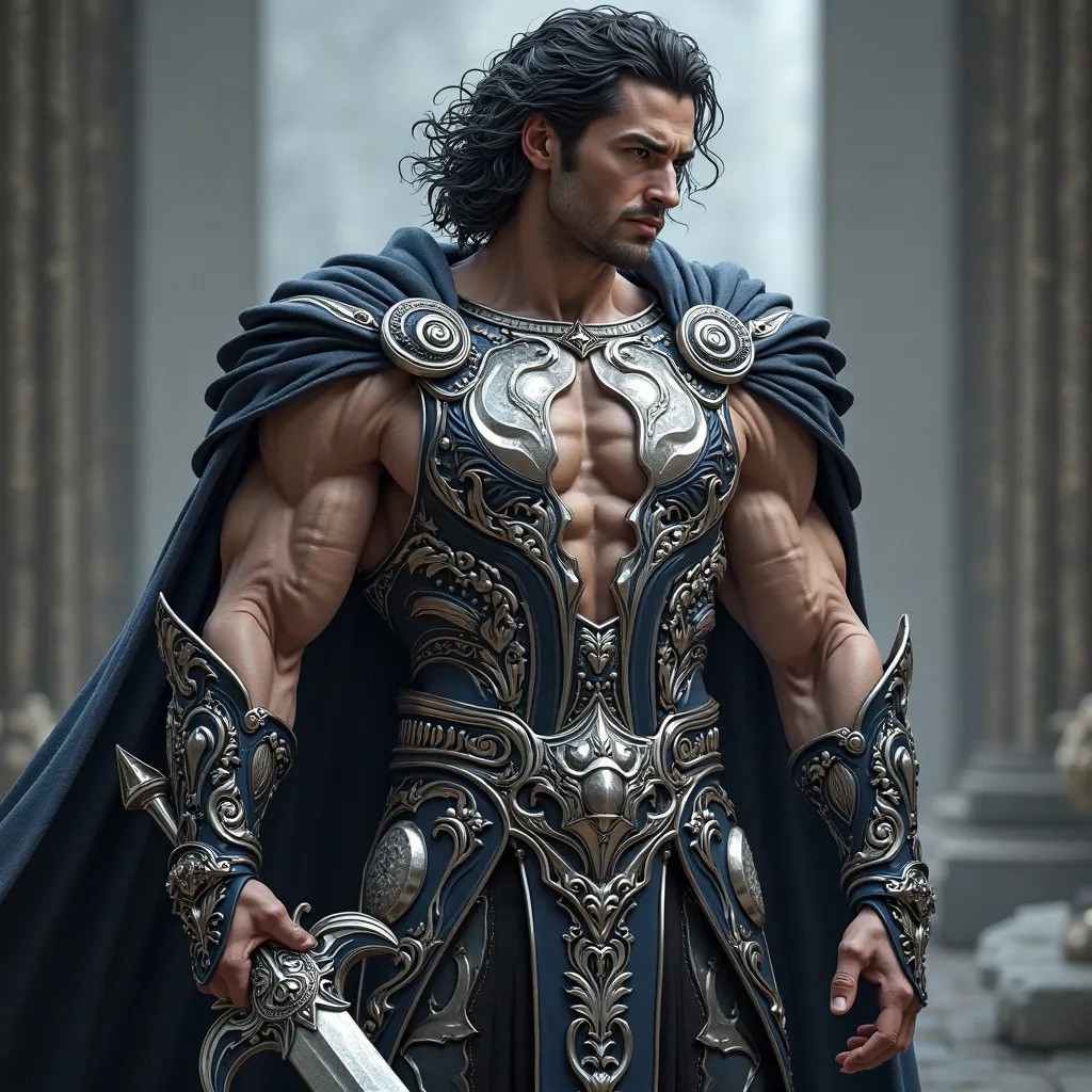 Make a 3d full body hyper photorealistic character of the hero. incredibly handsome and extremely muscular body builder with narrow waist and big muscular legs and big well rounded buttocks. Wearing small crown band. Medium length black loose curly haired ...