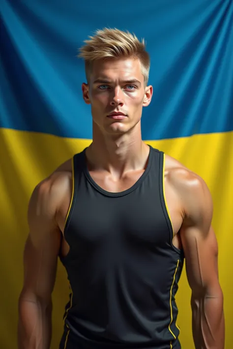  ultra realistic photography ,  young male  model with blond blue eyes . sporty outfit.  Holding the flag of Ukraine 