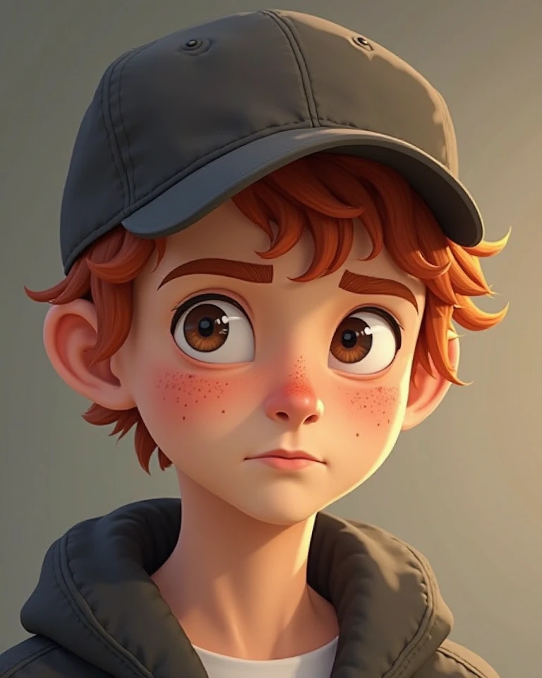  cartoon,
a fair-skinned young man with short curly red hair.  He has many freckles on his face.  His eyes are light and his expression is serious or neutral.  He is wearing a dark cap,  that appear to be made of soft fabric ,  and a dark jacket .  The bac...