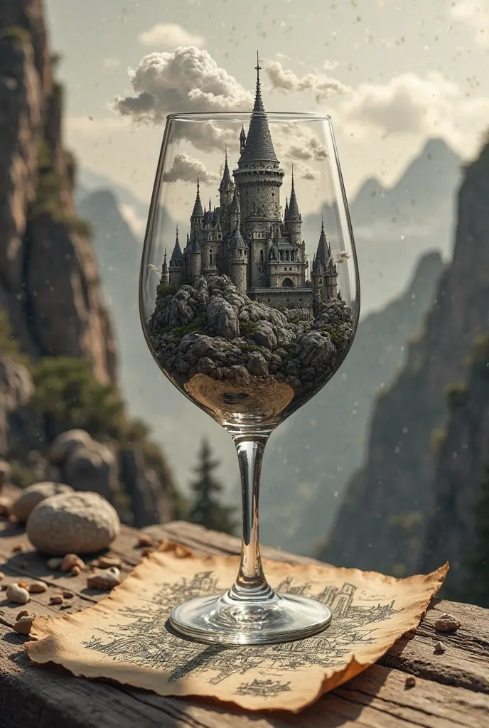 A large wine glass is prominently featured in the center of the image, elegantly showcasing a detailed, monochromatic illustration of a castle nestled within rocky terrain. The castle, adorned with multiple towers and battlements, dominates the interior of...