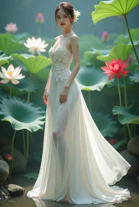 a woman in an elegant, flowing white gown adorned with floral designs. She is standing in a serene environment surrounded by large lotus flowers in various colors, including white and red, along with broad green leaves. The setting resembles a tranquil gar...