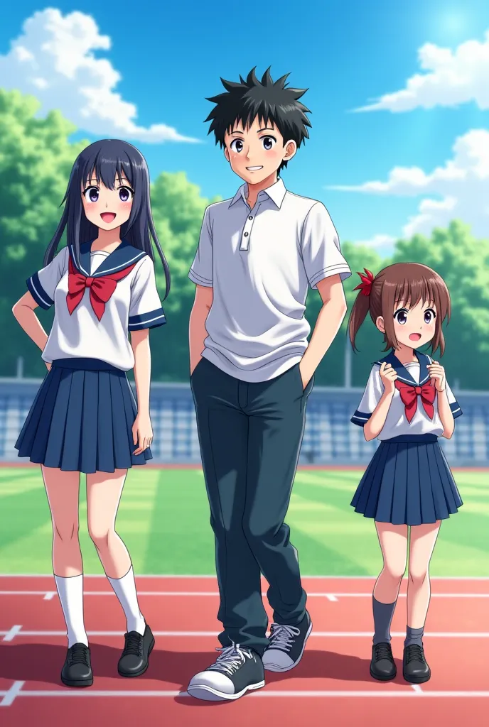 A group of students are excited about going to a sports event at a school in Japan. One age girl is very beautiful and sexy as a student wearing a school uniform, the other is a very handsome, tall and handsome man, the other is a cute looking girl, the sa...