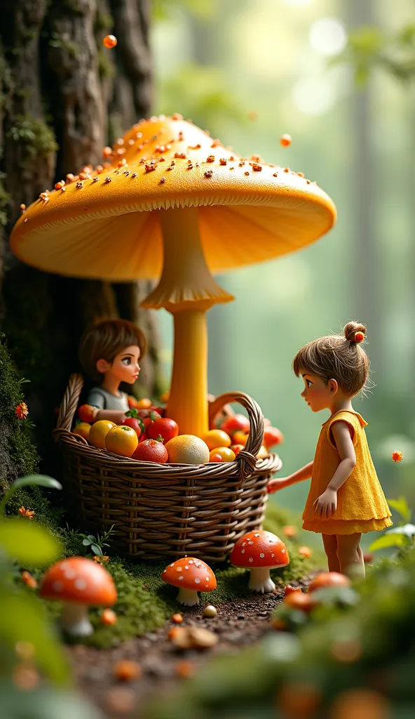 Suddenly, a gentle voice rang out. "Do you want to know my secret?" The two ren turned to see a small mushroom fairy floating out from behind the golden mushroom. ทันใดนั้น ตะกร้าของพวกเขาเต็มไปด้วยเห็ดสดใหม่และผลไม้หอมหวาน เด็กทั้งสองยิ้มให้กันและรีบกลับบ...