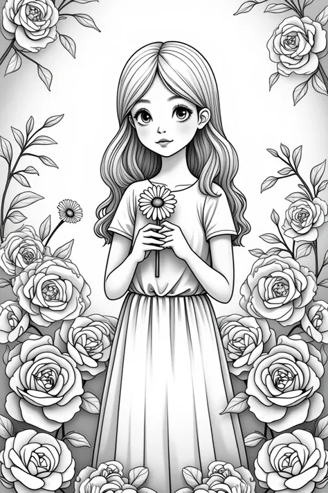 Create a coloring page of a age girl in a garden full of Roses but the girl will be holding a Daisy 