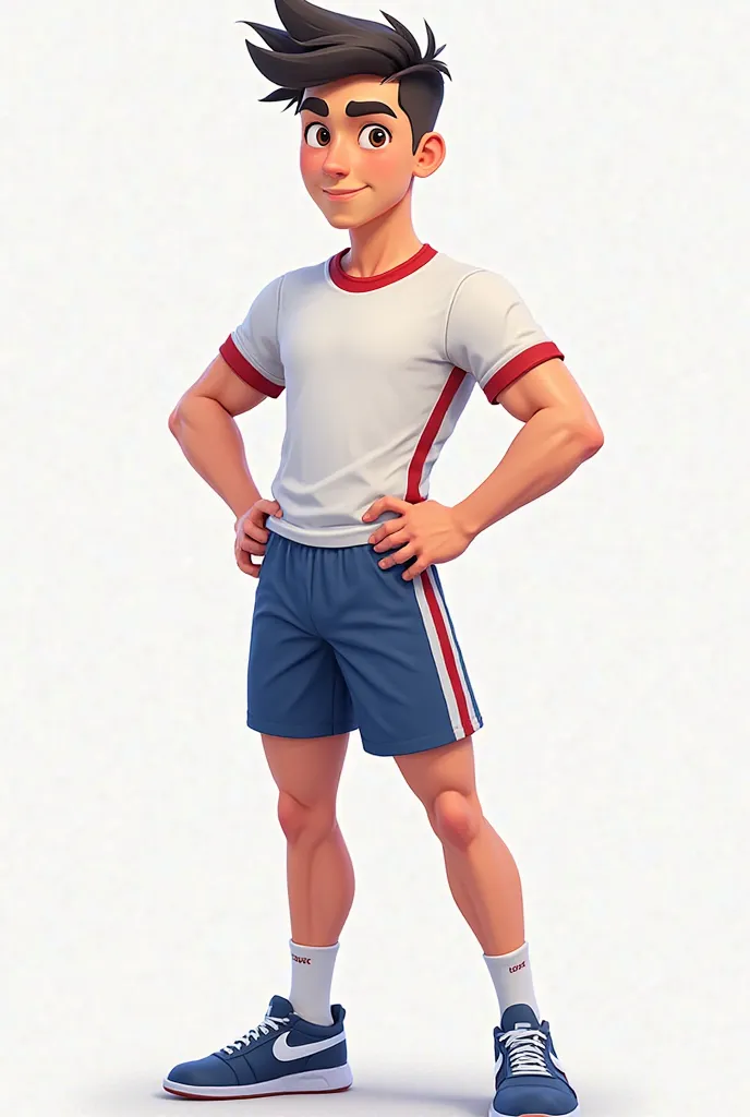 An animated man standing in a ready position — a young animator, with sharp features and short hair, wearing a sports uniform, standing confidently with a hand on the waist and a focused look, as if he was getting ready to go.