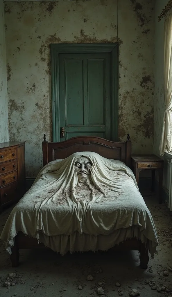 An abandoned and dusty room, with antique furniture and walls covered in mold.  in the center, an old bed with a dirty sheet covering something that moves underneath. The sheet begins to rise, revealing deep eyes and a wide, macabre smile. The door behind ...