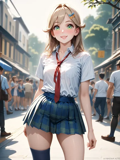 (1 girl, Sharp Focus Solo), (masterpiece, super details, Highest quality, Ultra-realistic), super cute beautiful girl , ( amazing atmosphere :1.3),  you are an expert photographer shooting my girlfriend,  wearing a navy plaid pleated mini skirt ,  Pearl Pi...