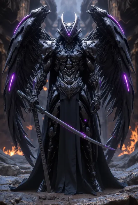  Saint Seiya; Hades, Underworld God. Oriental style, masculine physiognomy, faint face and face, greyish blue eyes , wearing the black divine armor without a helmet ; rounded armour details, details in PURPLE; Closed Armor Wings, colors next to you a black...