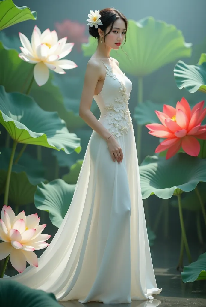 a woman in an elegant, flowing white gown adorned with floral designs. She is standing in a serene environment surrounded by large lotus flowers in various colors, including white and red, along with broad green leaves. The setting resembles a tranquil gar...