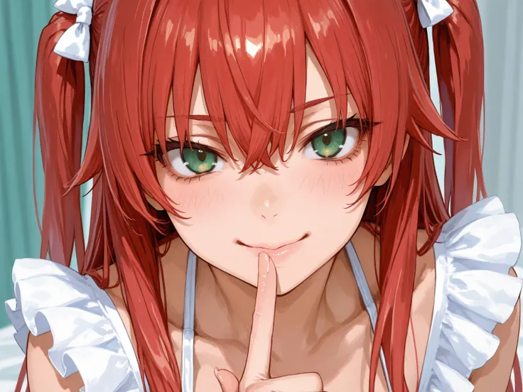 　 red hair 　long hair　two side up　 frill white bikini 　green eyes　 raise your index finger　Finger on mouth　smile　upturned eyes　tsurime 