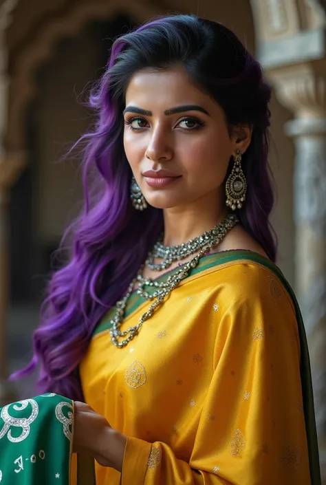 Valor purple hair beautiful slavic woman with Dark Brown eyes apperance in the brown storm and Yellow tempest with the amazing vibes of lovable visage beautiful Saree made from shiny Jade Silk with star pattern on the whole Saree, on her neck pedant in the...